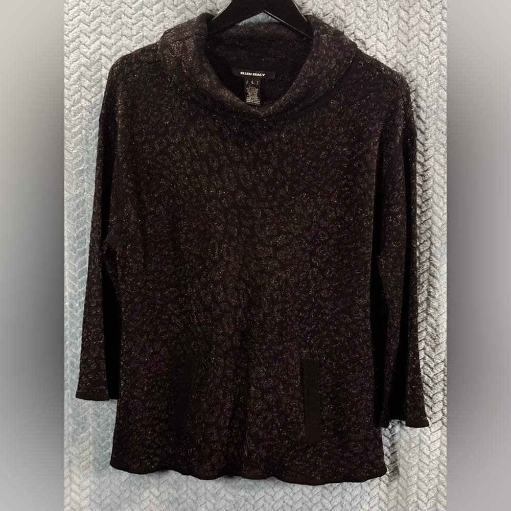 Ellen Tracy Dark Patterned Cowl Neck Sweater